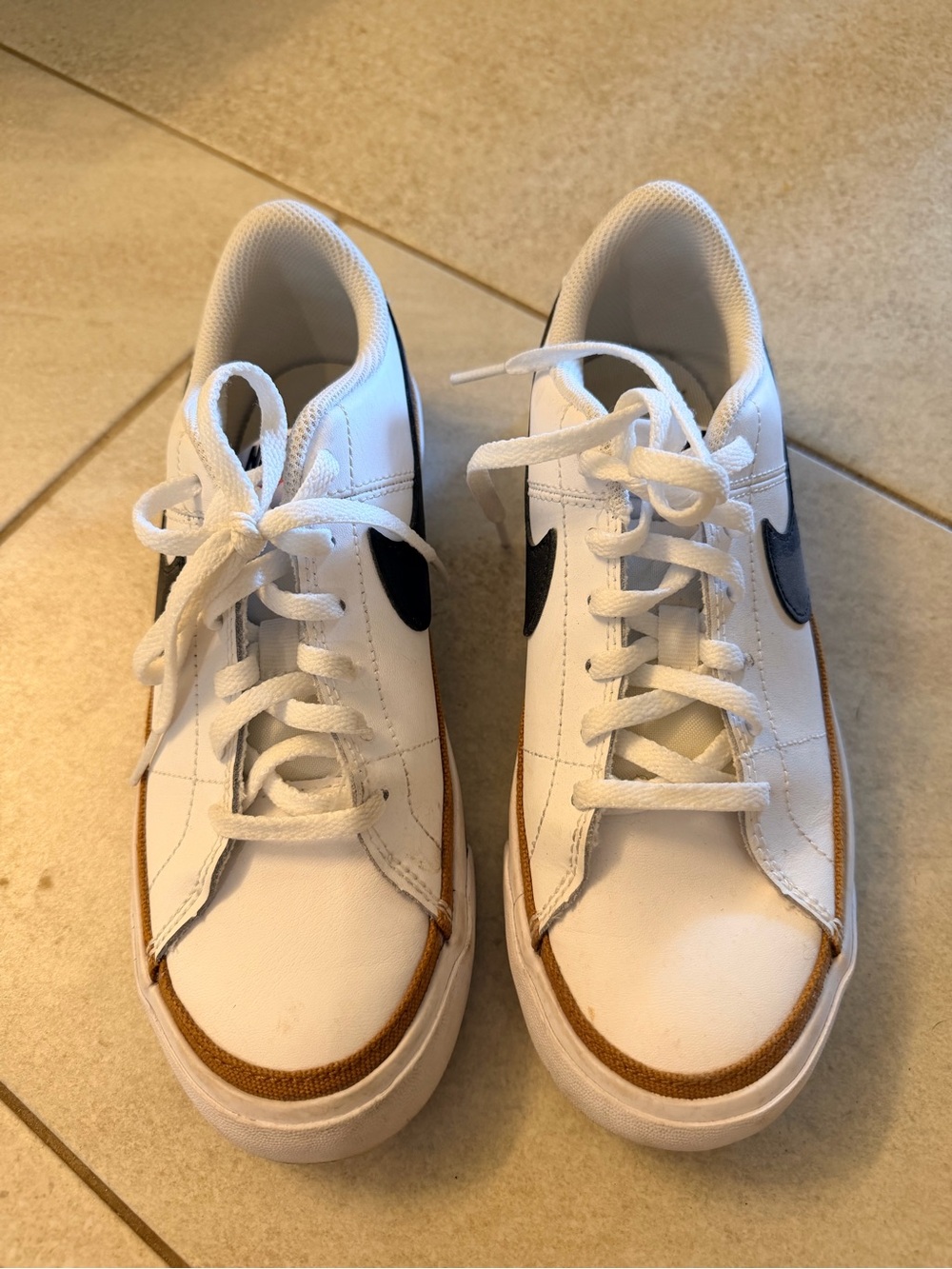 Nike Court Legacy White Sneakers with Black Swoosh and Brown Trim